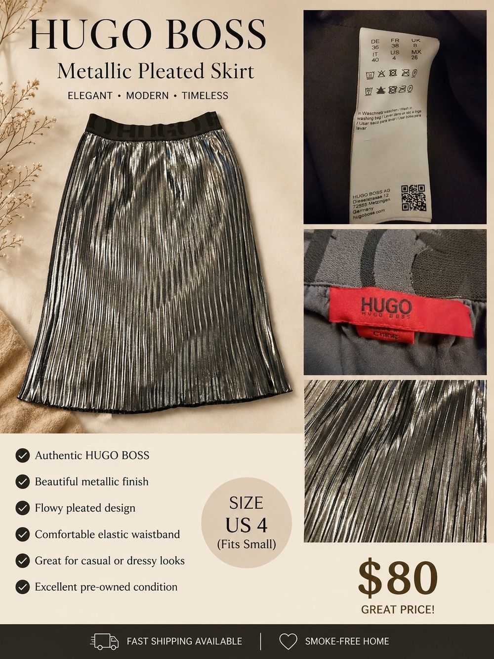 HUGO BOSS Metallic Pleated Midi Skirt - Silver